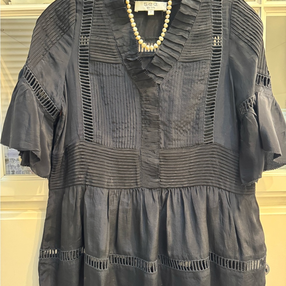 Sea Black Blouse with Ruffle Details